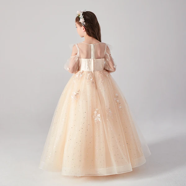 Victorian Style Champagne See-through Birthday Flower Girl Dresses 2020 Ball Gown Scoop Neck Puffy Long Sleeve Appliques Lace Star Sequins Floor-Length / Long Ruffle