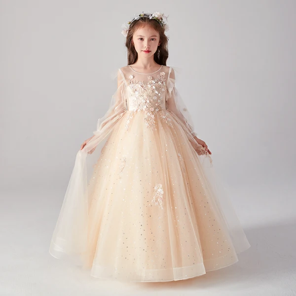 Victorian Style Champagne See-through Birthday Flower Girl Dresses 2020 Ball Gown Scoop Neck Puffy Long Sleeve Appliques Lace Star Sequins Floor-Length / Long Ruffle