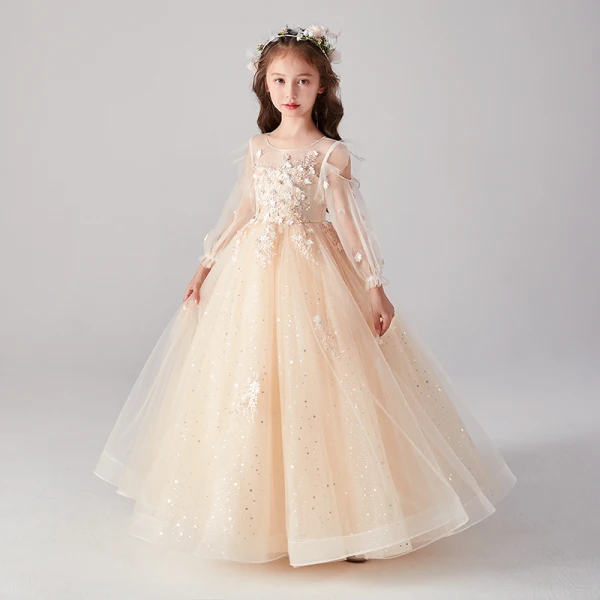 Victorian Style Champagne See-through Birthday Flower Girl Dresses 2020 Ball Gown Scoop Neck Puffy Long Sleeve Appliques Lace Star Sequins Floor-Length / Long Ruffle