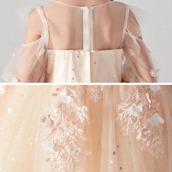 Victorian Style Champagne See-through Birthday Flower Girl Dresses 2020 Ball Gown Scoop Neck Puffy Long Sleeve Appliques Lace Star Sequins Floor-Length / Long Ruffle
