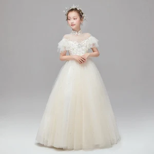 Vintage Originale Champagne Robe Ceremonie Fille 2020 Robe Boule Transparentes Col Haut Manches Courtes Appliques En Dentelle Perle Ceinture Longue Volants