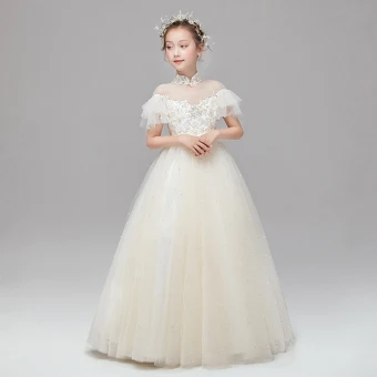 Vintage Originale Champagne Robe Ceremonie Fille 2020 Robe Boule Transparentes Col Haut Manches Courtes Appliques En Dentelle Perle Ceinture Longue Volants