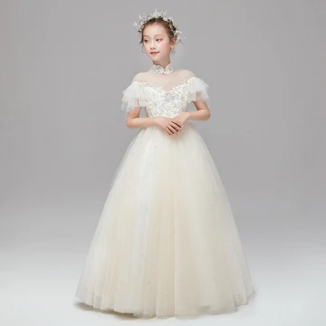 Vintage Retro Champagne Flower Girl Dresses 2020 Ball Gown See Through High Neck Short Sleeve Appliques Lace Pearl Sash Floor Length Long Ruffle