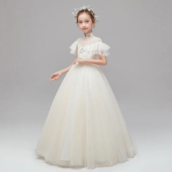 Vintage / Retro Champagne Flower Girl Dresses 2020 Ball Gown See-through High Neck Short Sleeve Appliques Lace Pearl Sash Floor-Length / Long Ruffle