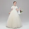 Vintage / Retro Champagne Flower Girl Dresses 2020 Ball Gown See-through High Neck Short Sleeve Appliques Lace Pearl Sash Floor-Length / Long Ruffle