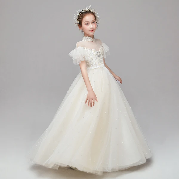 Vintage / Retro Champagne Flower Girl Dresses 2020 Ball Gown See-through High Neck Short Sleeve Appliques Lace Pearl Sash Floor-Length / Long Ruffle