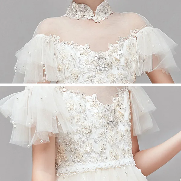 Vintage / Retro Champagne Flower Girl Dresses 2020 Ball Gown See-through High Neck Short Sleeve Appliques Lace Pearl Sash Floor-Length / Long Ruffle