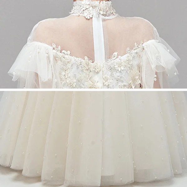 Vintage / Retro Champagne Flower Girl Dresses 2020 Ball Gown See-through High Neck Short Sleeve Appliques Lace Pearl Sash Floor-Length / Long Ruffle