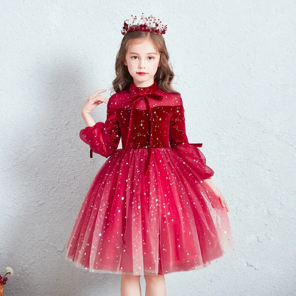Chic / Beautiful Red See-through Birthday Flower Girl Dresses 2020 Ball Gown High Neck Puffy 3/4 Sleeve Star Sequins Short Ruffle