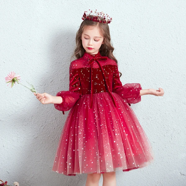 Chic / Beautiful Red See-through Birthday Flower Girl Dresses 2020 Ball Gown High Neck Puffy 3/4 Sleeve Star Sequins Short Ruffle