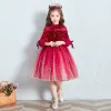 Chic / Beautiful Red See-through Birthday Flower Girl Dresses 2020 Ball Gown High Neck Puffy 3/4 Sleeve Star Sequins Short Ruffle
