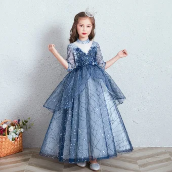 Chic Belle Bleu Roi Transparentes Anniversaire Robe Ceremonie Fille 2020 Robe Boule Col Haut 3 4 Manches Appliques Fleur Perlage Paillettes Longue Volants