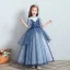 Chic / Beautiful Royal Blue See-through Birthday Flower Girl Dresses 2020 Ball Gown High Neck 3/4 Sleeve Appliques Flower Beading Sequins Floor-Length / Long Ruffle