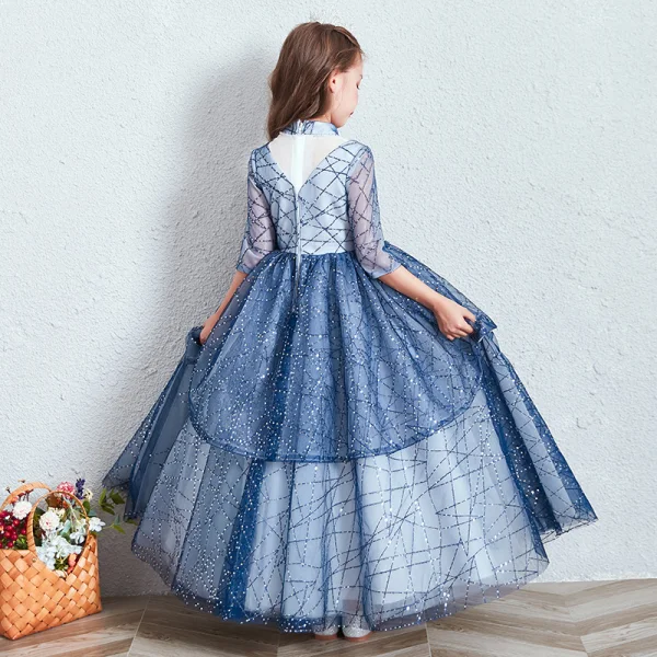 Chic / Beautiful Royal Blue See-through Birthday Flower Girl Dresses 2020 Ball Gown High Neck 3/4 Sleeve Appliques Flower Beading Sequins Floor-Length / Long Ruffle