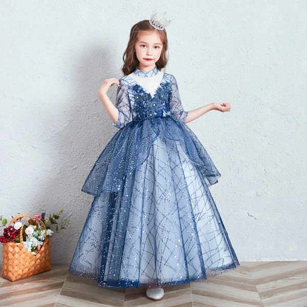Chic / Beautiful Royal Blue See-through Birthday Flower Girl Dresses 2020 Ball Gown High Neck 3/4 Sleeve Appliques Flower Beading Sequins Floor-Length / Long Ruffle
