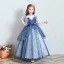 Chic / Beautiful Royal Blue See-through Birthday Flower Girl Dresses 2020 Ball Gown High Neck 3/4 Sleeve Appliques Flower Beading Sequins Floor-Length / Long Ruffle