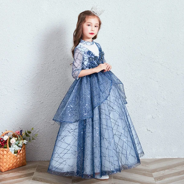Chic / Beautiful Royal Blue See-through Birthday Flower Girl Dresses 2020 Ball Gown High Neck 3/4 Sleeve Appliques Flower Beading Sequins Floor-Length / Long Ruffle