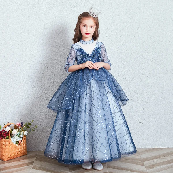 Chic / Beautiful Royal Blue See-through Birthday Flower Girl Dresses 2020 Ball Gown High Neck 3/4 Sleeve Appliques Flower Beading Sequins Floor-Length / Long Ruffle