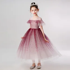 Élégant Bordeaux Anniversaire Robe Ceremonie Fille 2020 Robe Boule Transparentes V Cou Manches Courtes Perlage Perle Longueur Cheville Volants