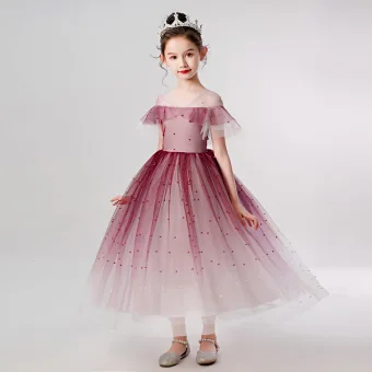 Elegant Burgundy Birthday Flower Girl Dresses 2020 Ball Gown See Through V Neck Short Sleeve Beading Pearl Ankle Length Ruffle
