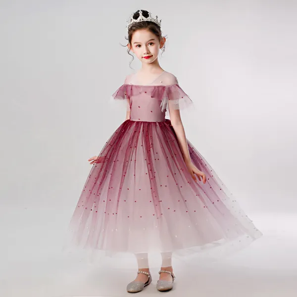 Elegantes Borgoña Cumpleaños Vestidos para niñas 2020 Ball Gown Transparentes V-Cuello Manga Corta Rebordear Perla La altura del tobillo Ruffle