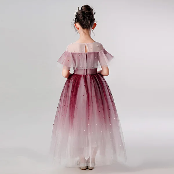 Elegant Burgundy Birthday Flower Girl Dresses 2020 Ball Gown See-through V-Neck Short Sleeve Beading Pearl Ankle Length Ruffle