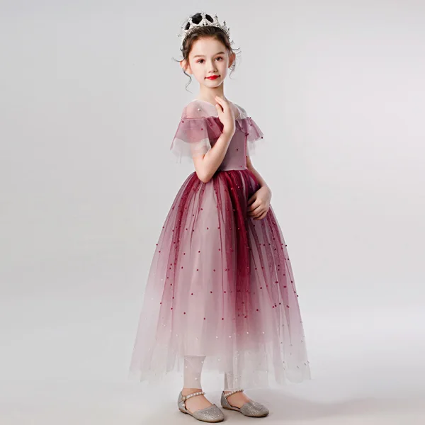 Elegant Burgundy Birthday Flower Girl Dresses 2020 Ball Gown See-through V-Neck Short Sleeve Beading Pearl Ankle Length Ruffle