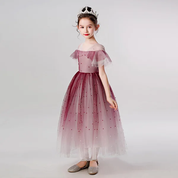 Elegant Burgundy Birthday Flower Girl Dresses 2020 Ball Gown See-through V-Neck Short Sleeve Beading Pearl Ankle Length Ruffle
