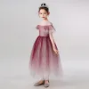 Elegantes Borgoña Cumpleaños Vestidos para niñas 2020 Ball Gown Transparentes V-Cuello Manga Corta Rebordear Perla La altura del tobillo Ruffle