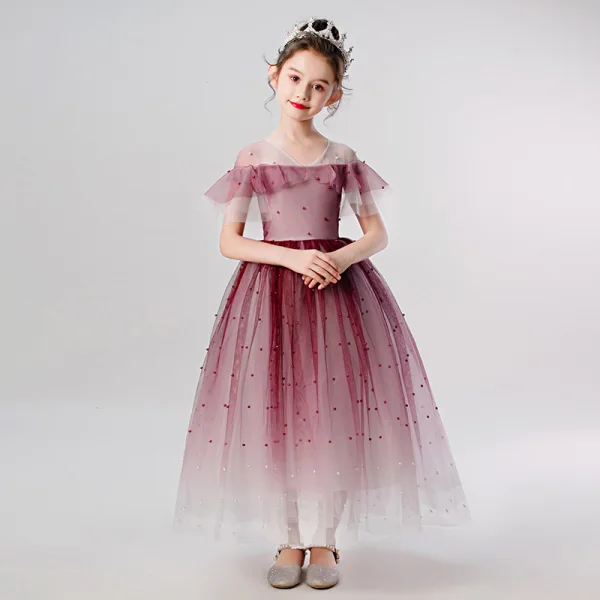 Elegant Burgundy Birthday Flower Girl Dresses 2020 Ball Gown See-through V-Neck Short Sleeve Beading Pearl Ankle Length Ruffle