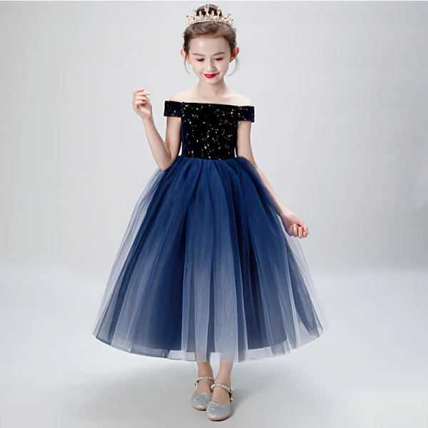 Chic / Beautiful Navy Blue Birthday Flower Girl Dresses 2020 Ball Gown Off-The-Shoulder Short Sleeve Backless Embroidered Star Tea-length Ruffle