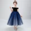 Chic / Beautiful Navy Blue Birthday Flower Girl Dresses 2020 Ball Gown Off-The-Shoulder Short Sleeve Backless Embroidered Star Tea-length Ruffle