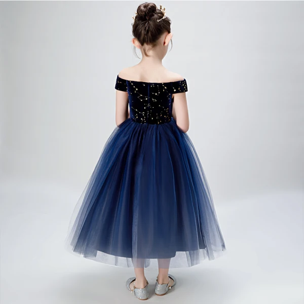 Chic / Beautiful Navy Blue Birthday Flower Girl Dresses 2020 Ball Gown Off-The-Shoulder Short Sleeve Backless Embroidered Star Tea-length Ruffle