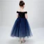 Chic / Beautiful Navy Blue Birthday Flower Girl Dresses 2020 Ball Gown Off-The-Shoulder Short Sleeve Backless Embroidered Star Tea-length Ruffle