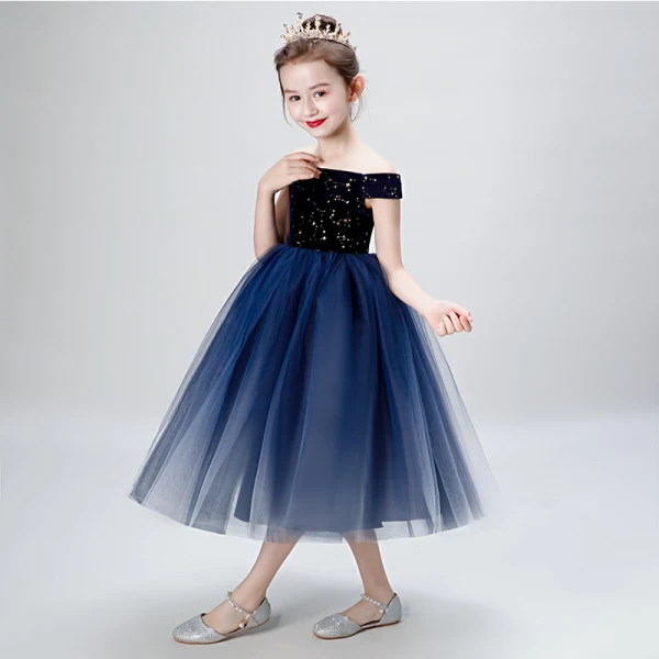 Chic / Beautiful Navy Blue Birthday Flower Girl Dresses 2020 Ball Gown Off-The-Shoulder Short Sleeve Backless Embroidered Star Tea-length Ruffle Chic / Beautiful Navy Blue Birthday Flower Girl Dresses 2020 Ball Gown Off-The-Shoulder Short Sleeve Backless Embroidered Star Tea-length Ruffle