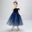 Chic / Beautiful Navy Blue Birthday Flower Girl Dresses 2020 Ball Gown Off-The-Shoulder Short Sleeve Backless Embroidered Star Tea-length Ruffle