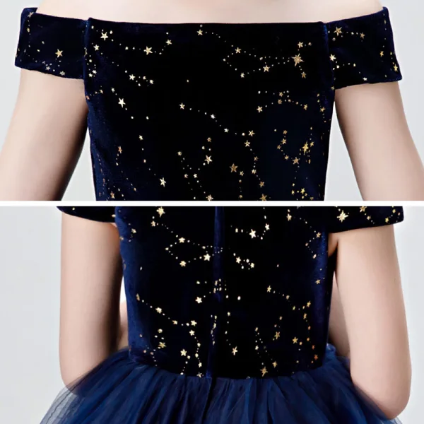 Chic / Beautiful Navy Blue Birthday Flower Girl Dresses 2020 Ball Gown Off-The-Shoulder Short Sleeve Backless Embroidered Star Tea-length Ruffle