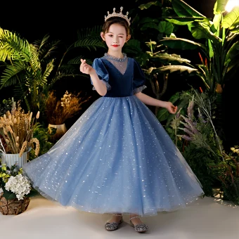 Chic Belle Bleu Marine Velour Anniversaire Robe Ceremonie Fille 2020 Robe Boule Transparentes Encolure Dégagée Gonflée Manches Courtes Paillettes Glitter Tulle Longue Volants
