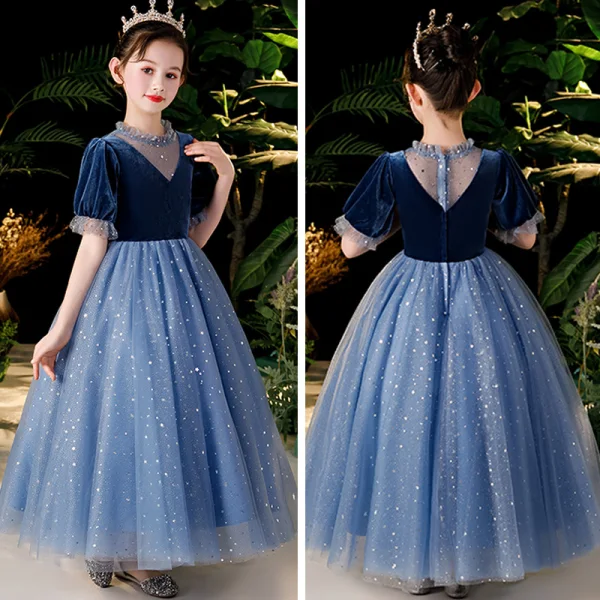 Chic / Beautiful Navy Blue Velour Birthday Flower Girl Dresses 2020 Ball Gown See-through Scoop Neck Puffy Short Sleeve Sequins Glitter Tulle Floor-Length / Long Ruffle