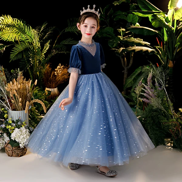 Chic / Beautiful Navy Blue Velour Birthday Flower Girl Dresses 2020 Ball Gown See-through Scoop Neck Puffy Short Sleeve Sequins Glitter Tulle Floor-Length / Long Ruffle