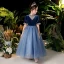 Chic / Beautiful Navy Blue Velour Birthday Flower Girl Dresses 2020 Ball Gown See-through Scoop Neck Puffy Short Sleeve Sequins Glitter Tulle Floor-Length / Long Ruffle
