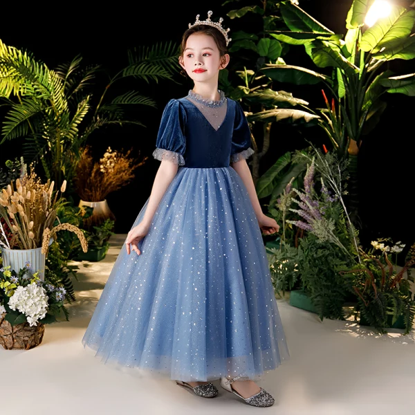 Chic / Beautiful Navy Blue Velour Birthday Flower Girl Dresses 2020 Ball Gown See-through Scoop Neck Puffy Short Sleeve Sequins Glitter Tulle Floor-Length / Long Ruffle