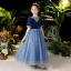 Chic / Beautiful Navy Blue Velour Birthday Flower Girl Dresses 2020 Ball Gown See-through Scoop Neck Puffy Short Sleeve Sequins Glitter Tulle Floor-Length / Long Ruffle