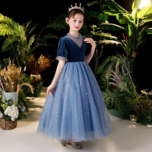 Chic / Beautiful Navy Blue Velour Birthday Flower Girl Dresses 2020 Ball Gown See-through Scoop Neck Puffy Short Sleeve Sequins Glitter Tulle Floor-Length / Long Ruffle