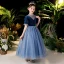Chic / Beautiful Navy Blue Velour Birthday Flower Girl Dresses 2020 Ball Gown See-through Scoop Neck Puffy Short Sleeve Sequins Glitter Tulle Floor-Length / Long Ruffle