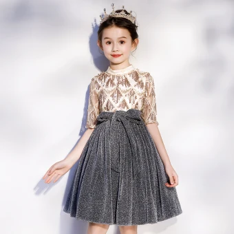 Fashion Gold Grey Birthday Flower Girl Dresses 2020 A Line Princess High Neck 1 2 Sleeves Sash Glitter Polyester Sequins Tassel Short Ruffle