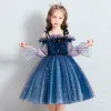 Chic / Beautiful Royal Blue Birthday Flower Girl Dresses 2020 Ball Gown Off-The-Shoulder Puffy Long Sleeve Star Sequins Short Ruffle