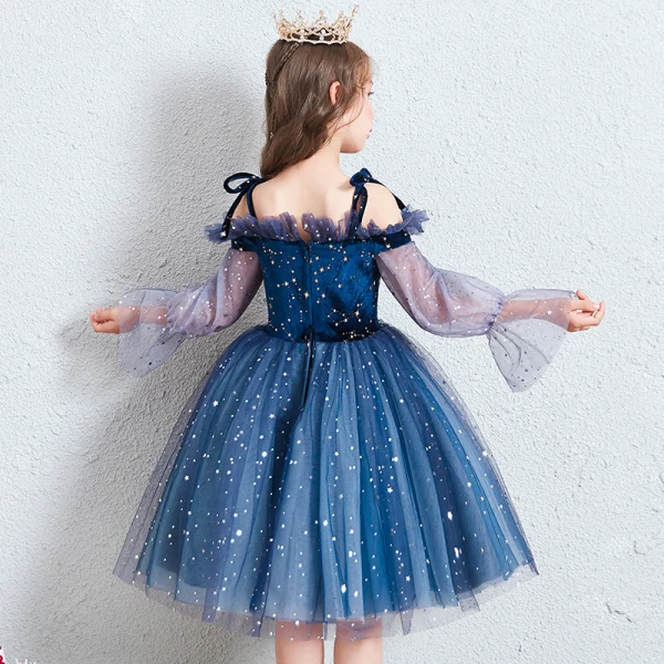 Schöne Königliches Blau Geburtstag Blumenmädchenkleider 2020 Ballkleid Off Shoulder Geschwollenes Lange Ärmel Star Pailletten Kurze Rüschen