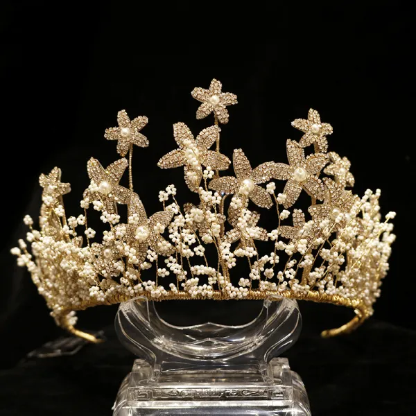 Uroczy Złote Biżuteria Ślubna 2020 Stop Rhinestone Kwiat Frezowanie Tiara Kolczyki Ślub Akcesoria