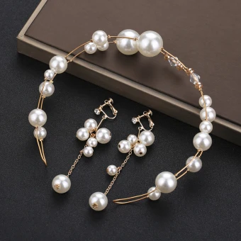 Chic Beautiful Gold Headpieces Bridal Hair Accessories 2020 Metal Crystal Pearl Headbands Earrings Wedding Accessories